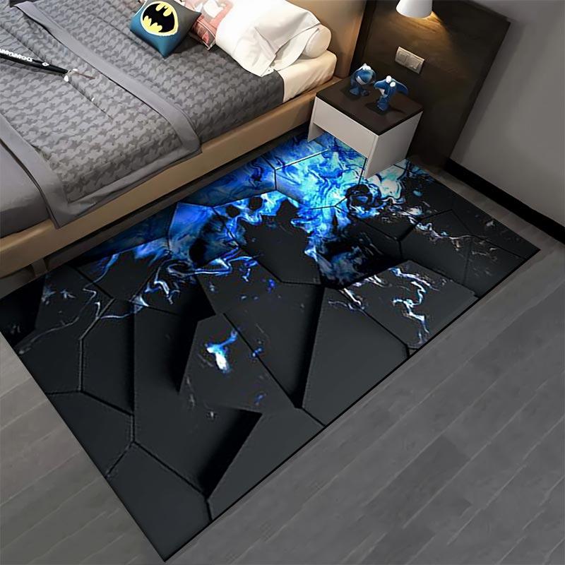 "Modern Abstract Rug With Blue Flame Effect On Black Hexagonal Design" Suitable for use as an anti-slip for living room bedroom sofas