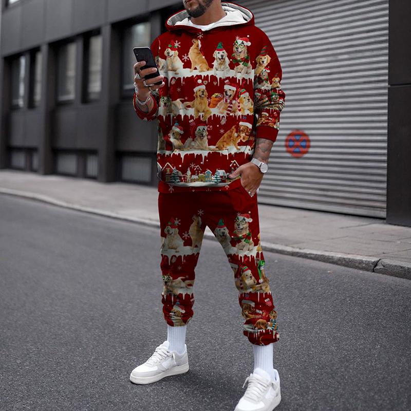 Зимний рождественский комплект с капюшоном для мужчин и женщин, уличная одежда, повседневный пуловер, свободный спортивный костюм для бега, толстовки с 3D принтом + длинные брюки