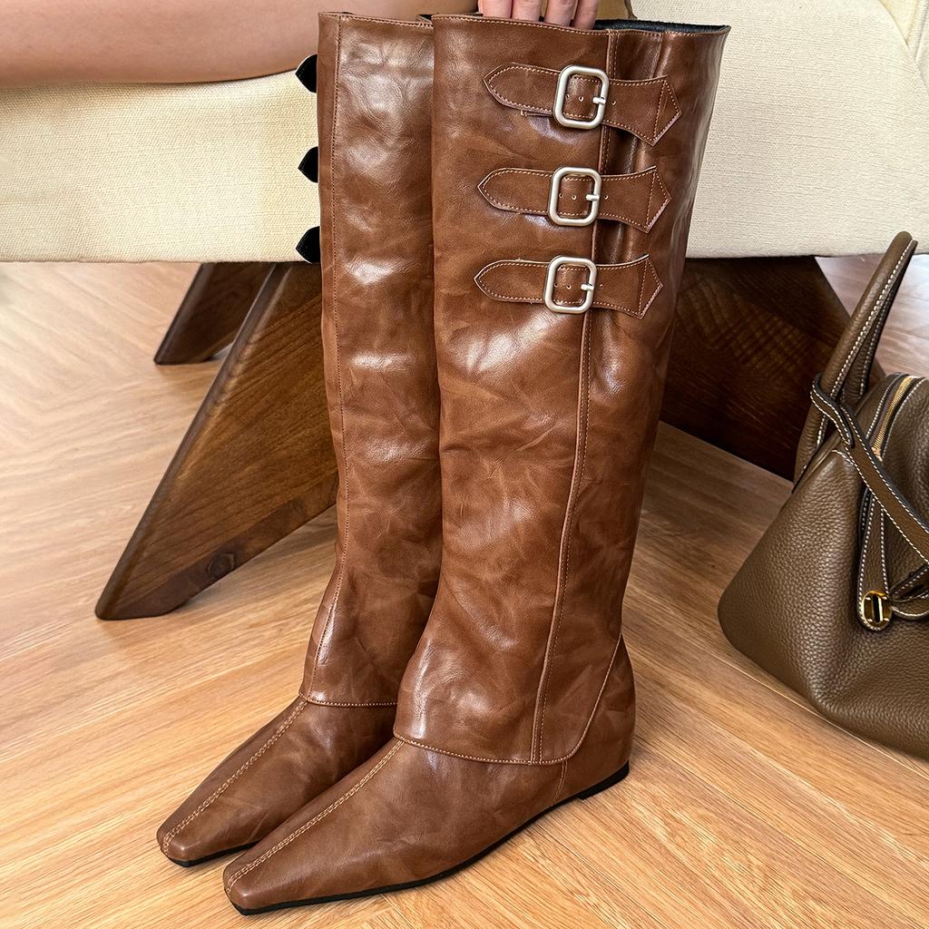 Версия из коровьей кожи увеличение внутренней высоты остроносые ковбойские сапоги вестерн 2025 новые весенне-осенние одинарные сапоги коричневые сапоги средней длины Майяр