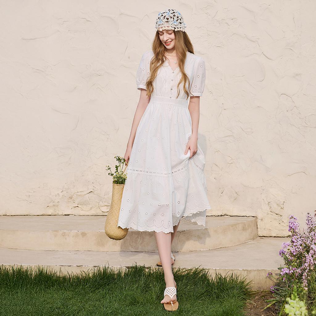 Fragrant Shadow French V-neck White Dress for Women, 2026 Summer New Collection, Pure Cotton Jacquard Hollow Embroidery Style Skirt