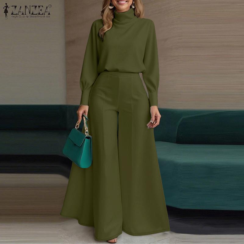 ZANZEA Women Long Sleeve Turtleneck Blouse and Pants Casual Two Piece Suit Sets