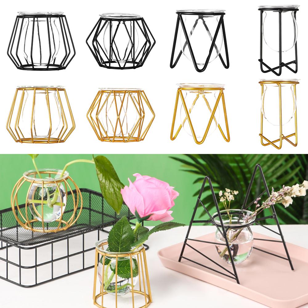 Ornament Plants Frame Hydroponic Vase Terrarium Metal Holder Glass Planter Iron Geometric Pattern