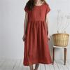 Medium Length Skirt, Round Neck, Short Sleeved Solid Color, Loose Casual Cotton and Linen Dress for Women