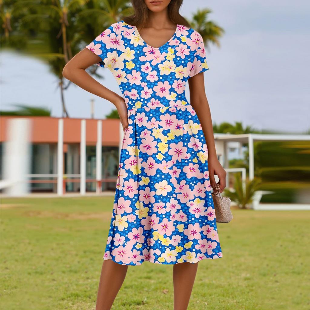 Ladies Summer Fashion Casual Floral Print V-Neck Short Sleeve Pocket Dress