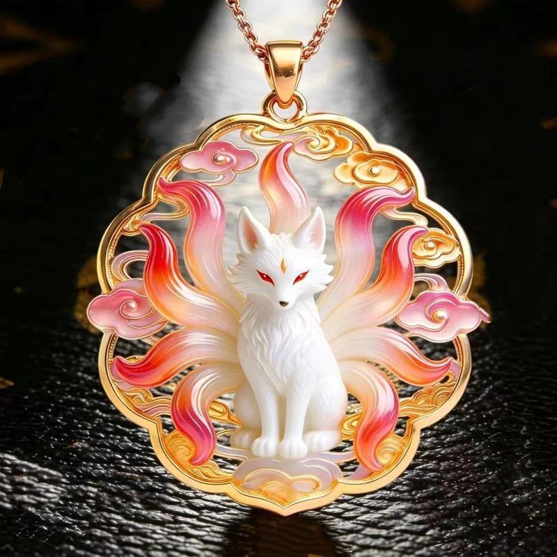 Nine Tailed Fox Enamel Pendant Necklace Chinese Style Vintage Design Jewelry for Women Banquet Wear Accessory