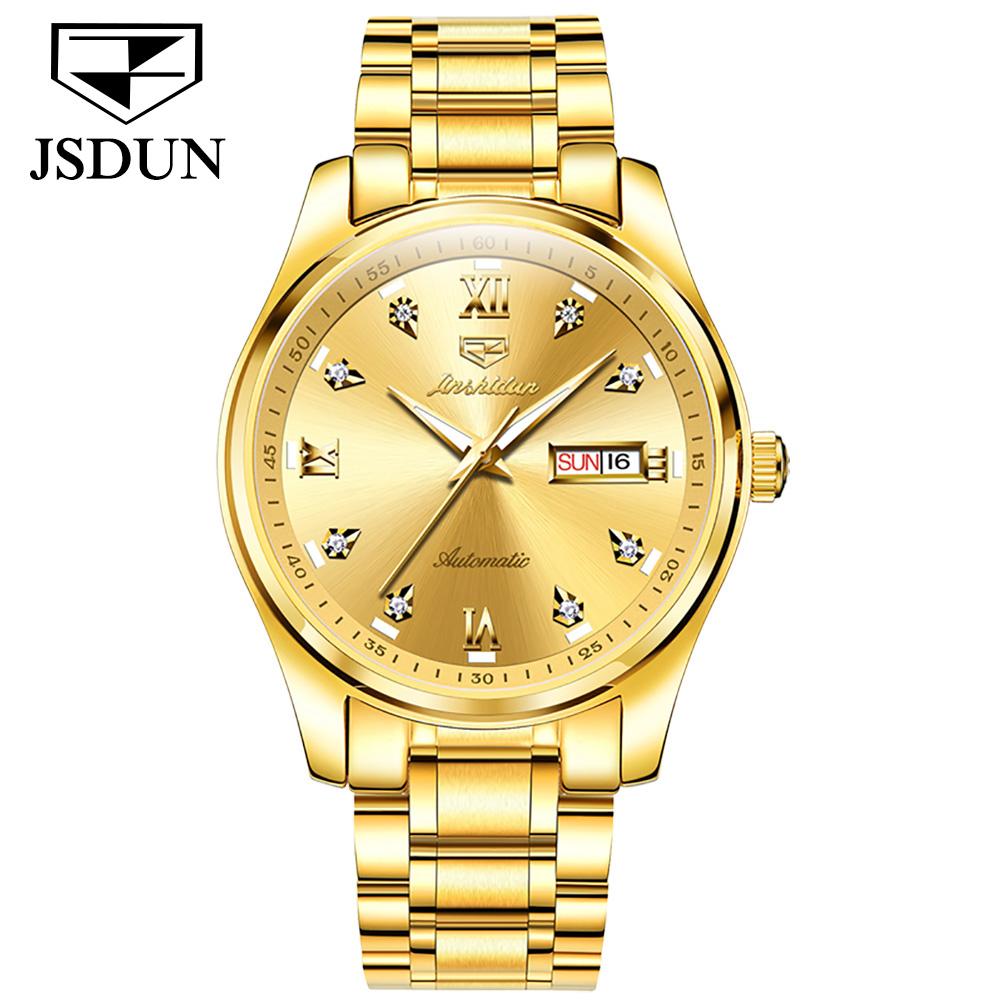JINSHIDUN Новые деловые и развлекательные мужские часы, полностью автоматические механические часы с двойным календарем и ночной подсветкой, водонепроницаемые часы высокого класса