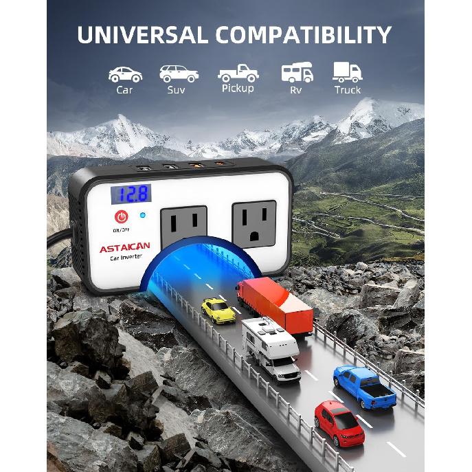 200W Car Power Inverter, DC 12V To 110V AC Car Plug Adapter With 20W USB-C & 18W USB-A Dual AC Outlet, PD/QC Fast Car Charger For Laptop, Vehicles,