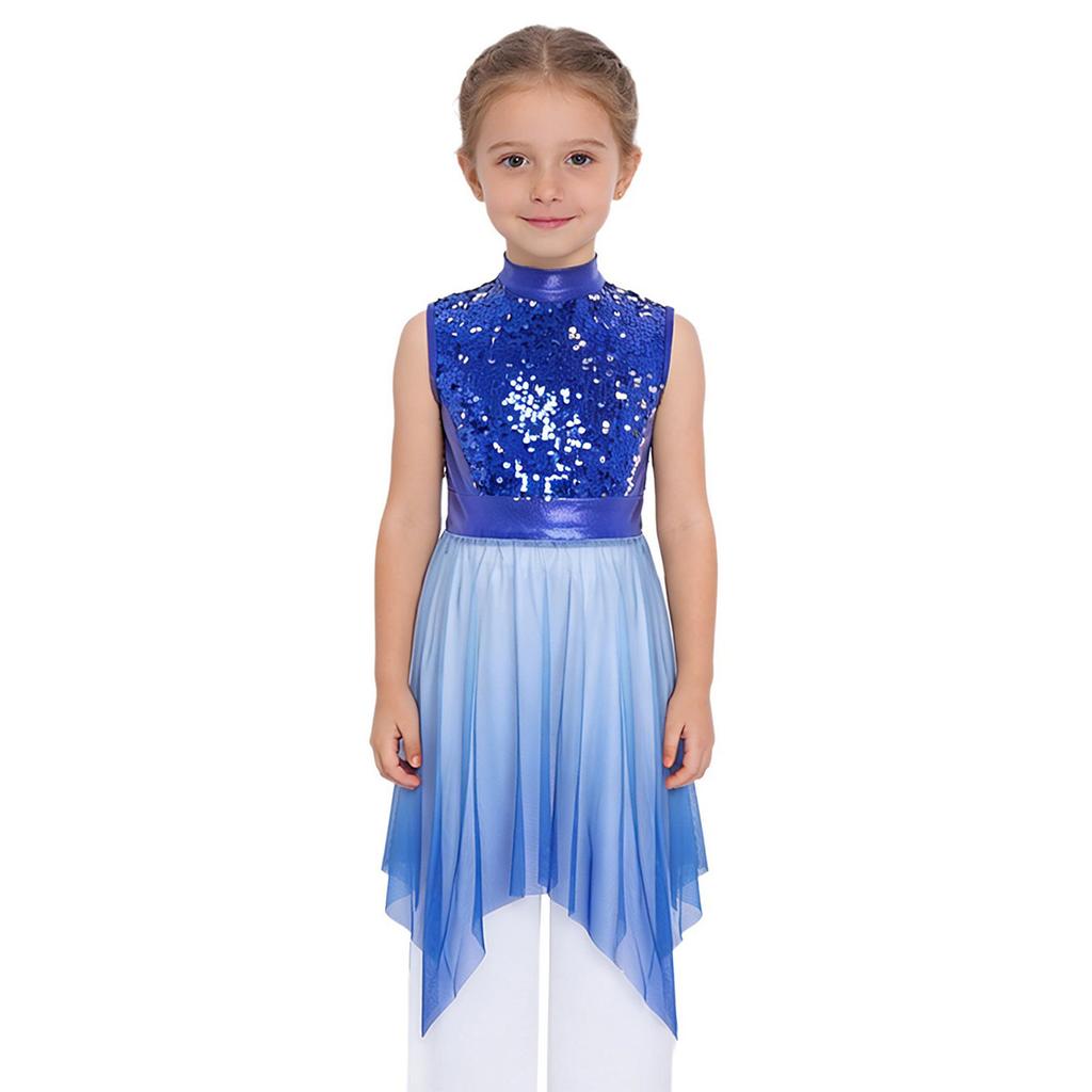 Girls Worship Praise Dance Tunic Dresses Mock Neck Sleeveless Asymmetrical Hem Shiny Sequins Bodice Dress Contemporary Dancewear