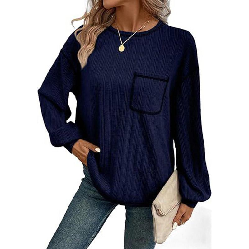 Круглый вырез Темперамент однотонный трикотажный пуловер женская футболка с длинными рукавами свободный повседневный топ осенняя нижняя рубашка