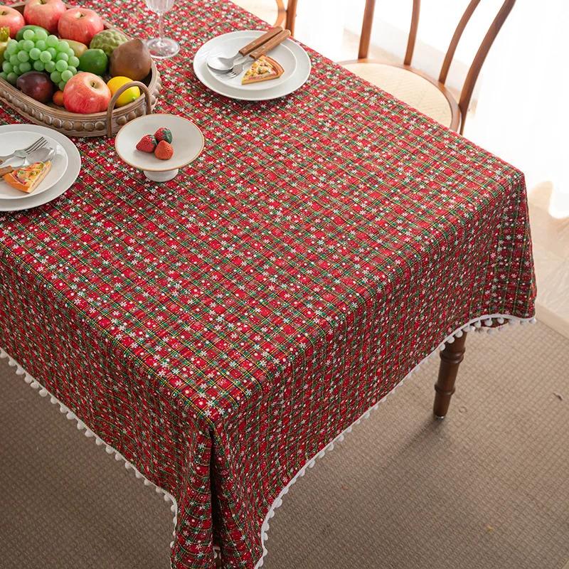 Christmas Tablecloth Green Plaid Snowflake Cotton Linen Rectangular Table Cover New Year Gifts Dining Living Room Table Decor
