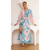 Women Floral Print Midi Shirt Dress Turn‑down Collar Long Bubble Sleeve Dress With Waist Belt Casual Holiday Loose Long Dress