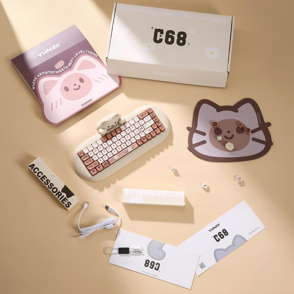 Беспроводная механическая клавиатура YUNZII C68, совместимая с Cute Cat, беспроводная силиконовая эргономичная игровая клавиатура с возможностью горячей замены, 3 режима подсветки RGB, совместимость с NKRO