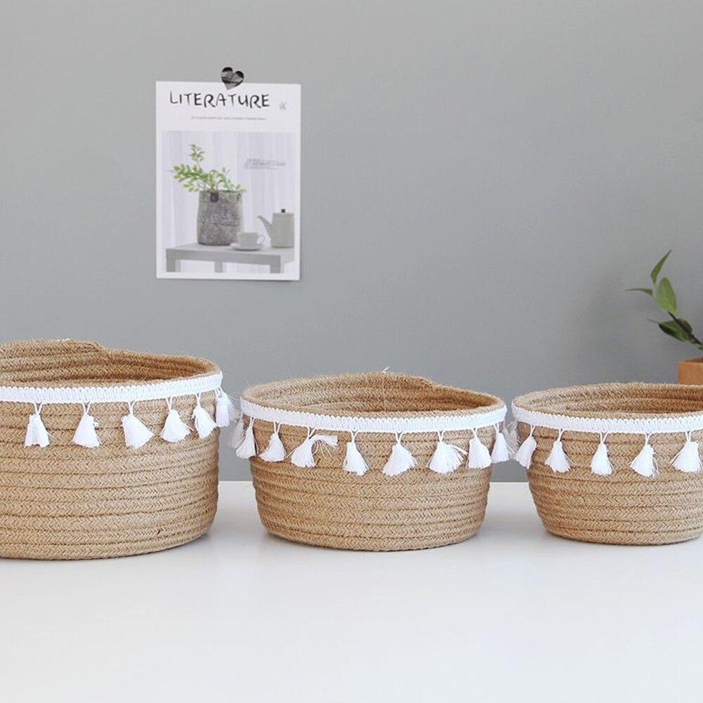 Винтажная хлопковая веревочная корзина для хранения с кисточкой, бытовая плетеная корзина для хранения, корзина для хранения с ручками и кисточкой