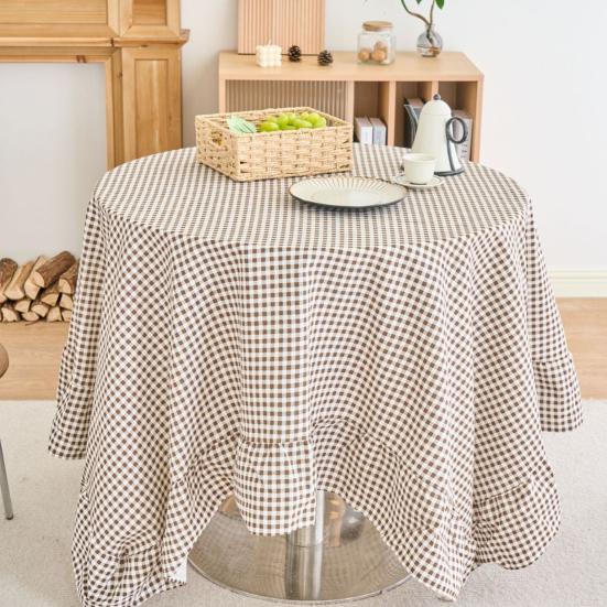 Tablecloth Farmhouse Style Plaid Pattern Ruffled Edge Tablecloth Round Shape Soft Cotton Linen Fabric Cloth Table Cover