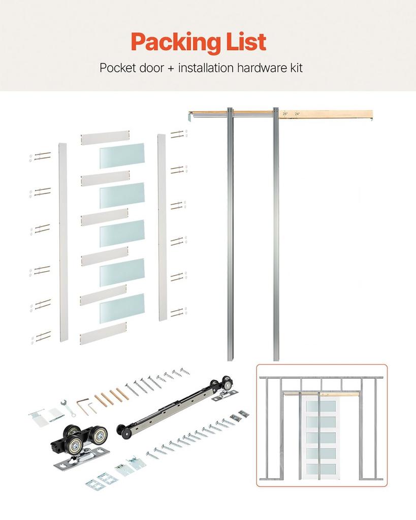 Sliding Pocket Door, 765 x 2035 mm, 5-Lite Frosted Glass Single Sliding Door with Hardware Kit, Sturdy Solid Wood & MDF Pocket Doors Slab with