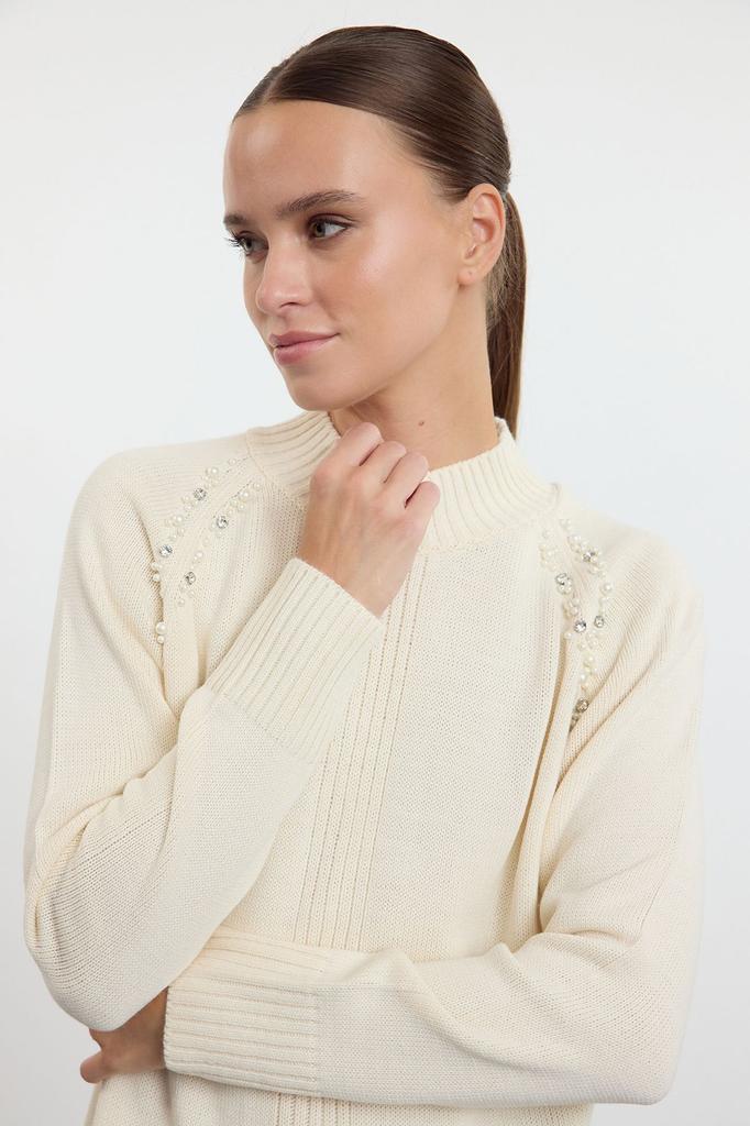 Women's Fashionable Stylish Hijab Sweater Ecru Pearl Detailed High Collar Knitwear Sweater