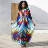 2024 Plus Size Colorful Butterfly Printed Hand-knit V Neck Casual Kaftan Women House Dress Summer Beachwear Swimsuit Cover Up Q1634