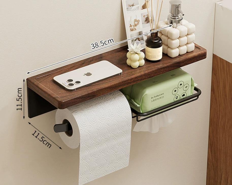 Wood Aluminum Bathroom Paper Holder with Shelf Bathroom Paper roll Holder Wall Mounted Towel Rack Toilet Paper Holder Tissue Box