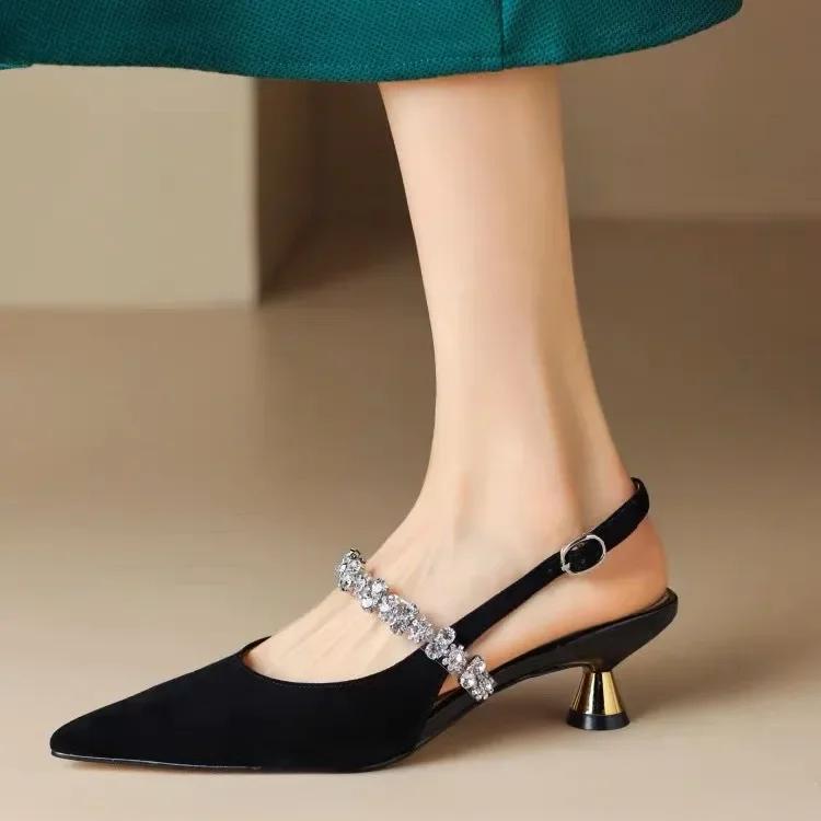 Women Sandals Ladies Sexy Buckle Rhinestone High Heels Female Casual Shoes Golden Silver Point Toe Trend Summer Pumps2024