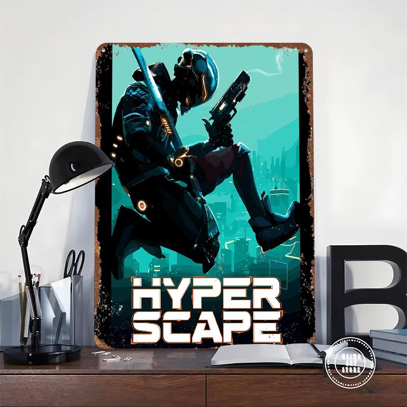 Игровой плакат Hyper Scape Индивидуальное настенное искусство Винтажные металлические вывески Ретро жестяная табличка для мужской комнаты Эстетичный декор комнаты Мужская настенная декорация