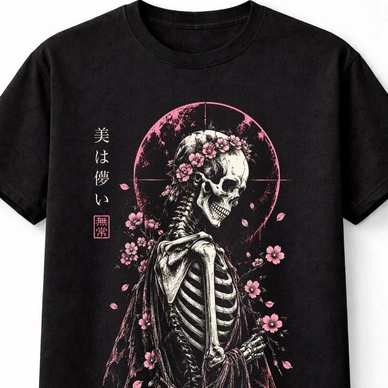 Sakura Skeleton Japanese Horror Anime Graphic Black Unisex TShirt