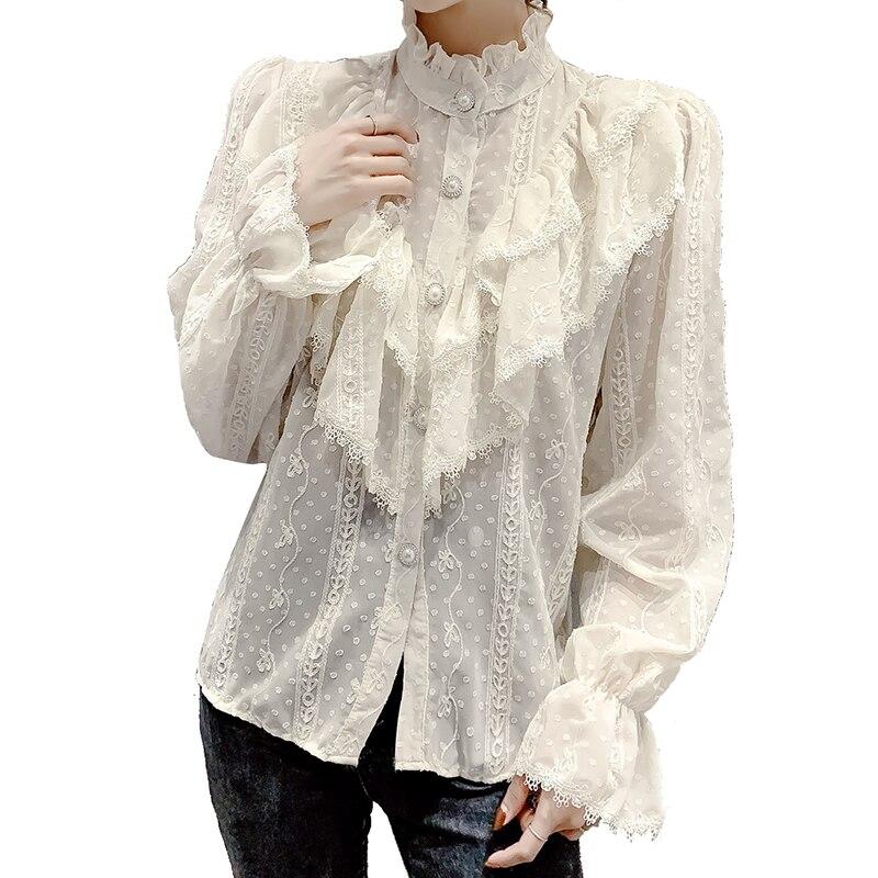 Fashion Ruffle Vintage Blouse Women Elegant Long Sleeve Lace Shirt Loose Chiffon Shirts Stand Collar Pleated Tops Blusas 15832