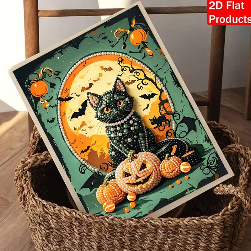 Halloween black cat and pumpkin pearl painting art full pearl handmade diy home decorations