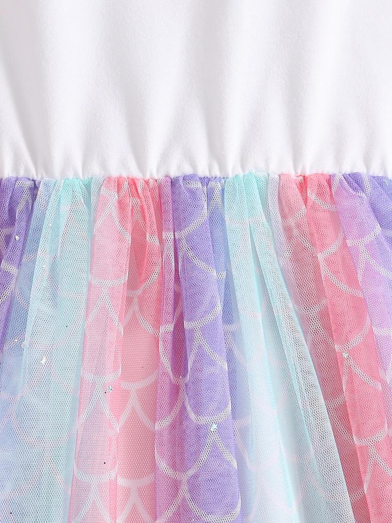 Comfort Princess Dress, Bubble Letter Print Mermaid Scale Tulle Skirt for Little Girls