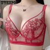 Red Bra Women D Cup Gathers Push Up Bra Adjustable Black Sexy Lace Thin Underwear Bra Wide Back Strap Fancy Underwear Sensual Lingerie
