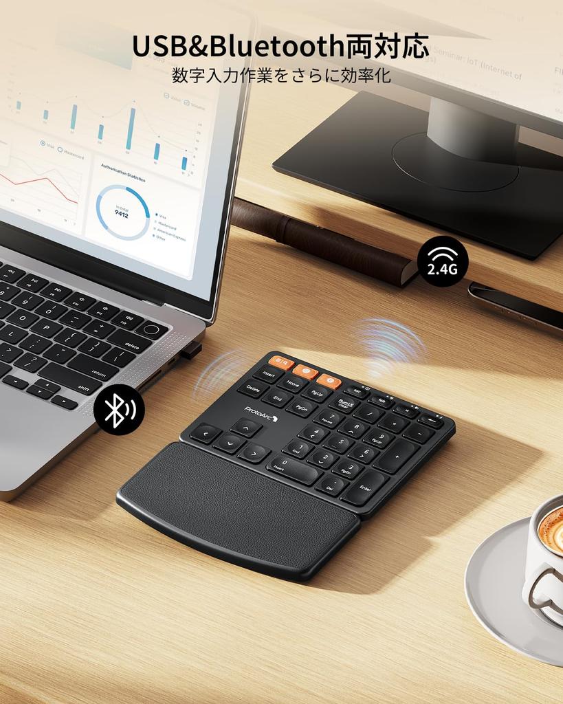 ProtoArc EK04 N Wireless Numeric Keypad with Bluetooth2.4GHz Connection, Integrated Wrist Rest, Dual Device Connection, Type-C Charging, One-Handed,