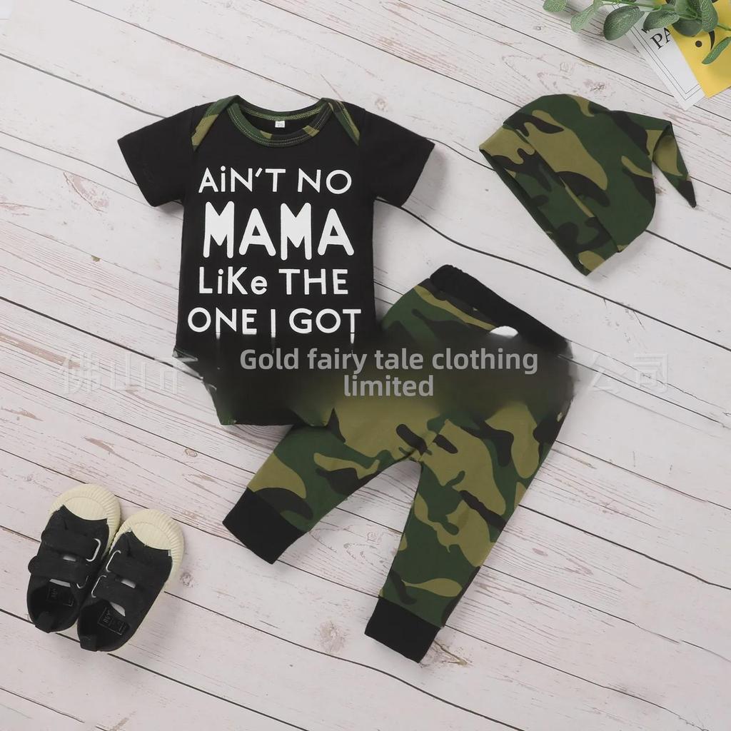 Комплект летней детской одежды в европейском и американском стиле: Футболка с коротким рукавом и принтом в виде букв и камуфляжные брюки, комплект из 3 предметов