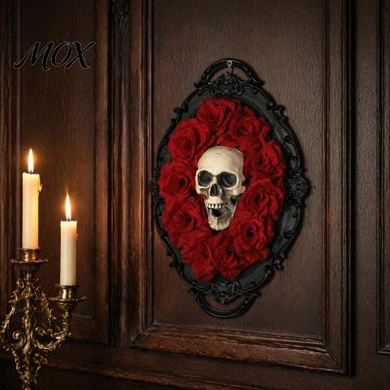 Decorative Gothic Skull Frame Halloween Wall Decoration, Vintage Red Rose Sculpture, Artistic Decor with Roses Horror Spider Web Art Ornament