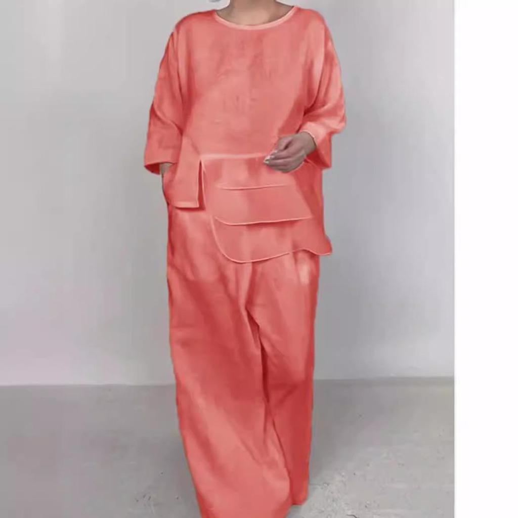 Летний европейско-американский однотонный комплект женской моды с карманом и круглым вырезом