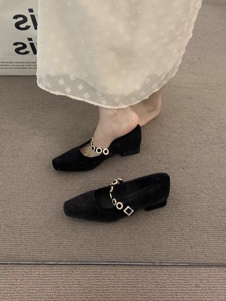 Каблук темперамент новый фейс низкий горловина толстый квадратный носок одинарные туфли женские 2025 плоский каблук бархатные туфли Мэри Джейн легкие осень и зима французский