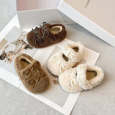 Туфли из хлопка с овечьей шерстью для маленькой девочки, зимние новые, на мягкой подошве, бархатные, теплые, с бантом, туфли принцессы
