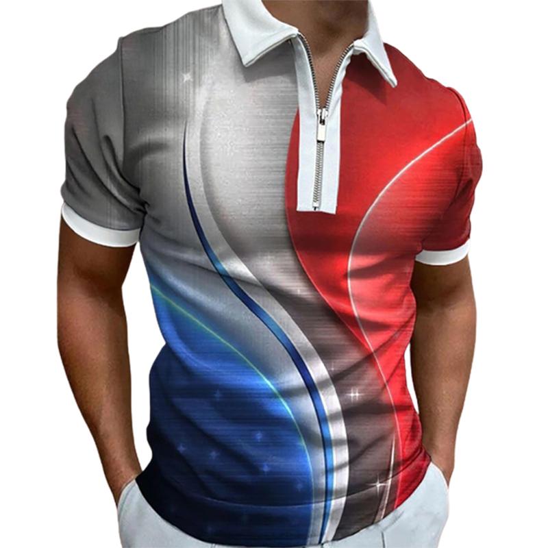 Casual Lapel T-shirt Young Men's Fashion Zipper T-shirt Short Sleeve T-shirt Men's 3D Sea Wave Print T Shirt