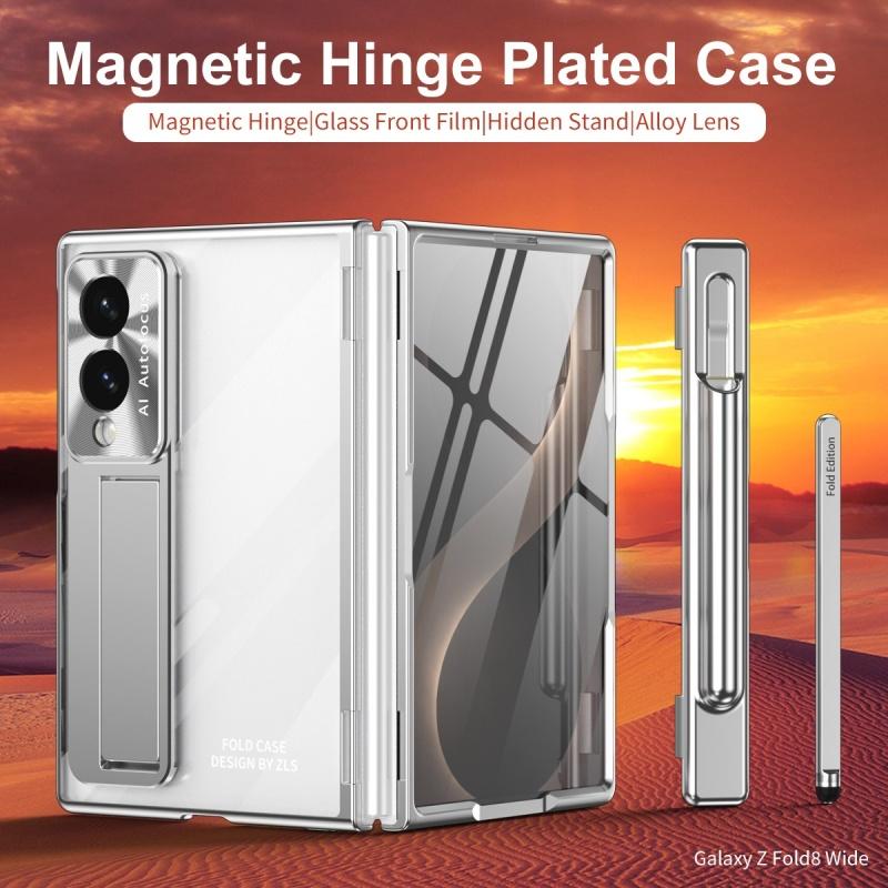 For Samsung Z Fold 8 Ultra / 7 6 5 4 3 Transparent Plating PC Hinge protection Full Body Stand Pen Slot Case with Tempered Glass