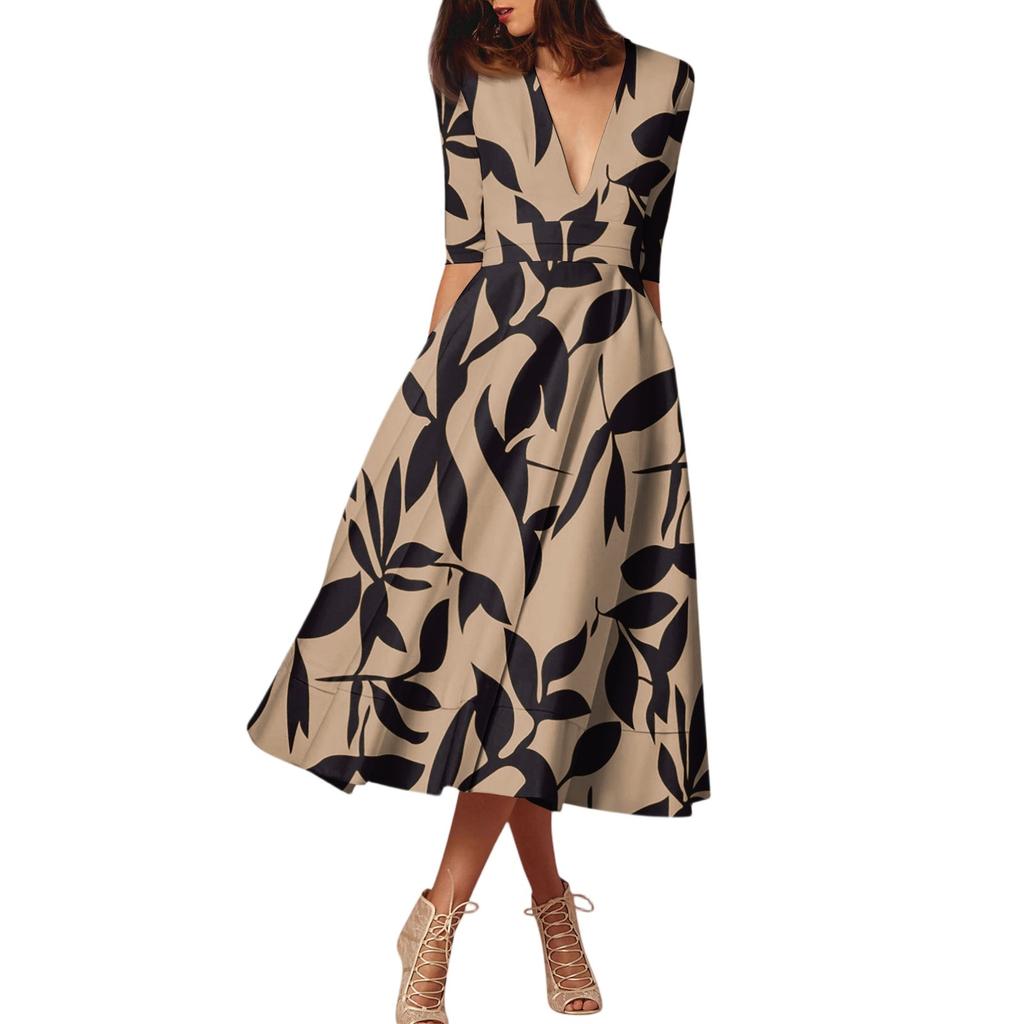 Модное платье средней длины с рукавами средней длины, цветочным принтом и сексуальным V-образным вырезом