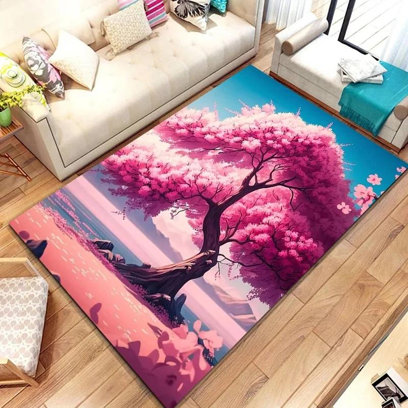 3D Japanese Cherry Blossom Floor Mat with Mount Fuji Design Large Soft Carpet for Kids' Bedroom Stylish Rug for Living Room