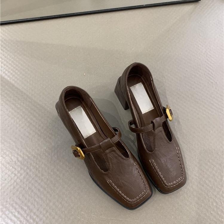 Французские ретро туфли на толстом каблуке с квадратной головкой женские весенние и осенние новые вечерние туфли корейской версии сказочные туфли на высоком каблуке Мэри Джейн маленькие кожаные туфли