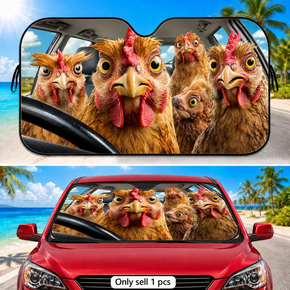 Funny Chicken Drives Sun Visor Aluminum Foil Windshield Sunshade with Reflective UV Block Heat Insulation Foldable Universal Fit