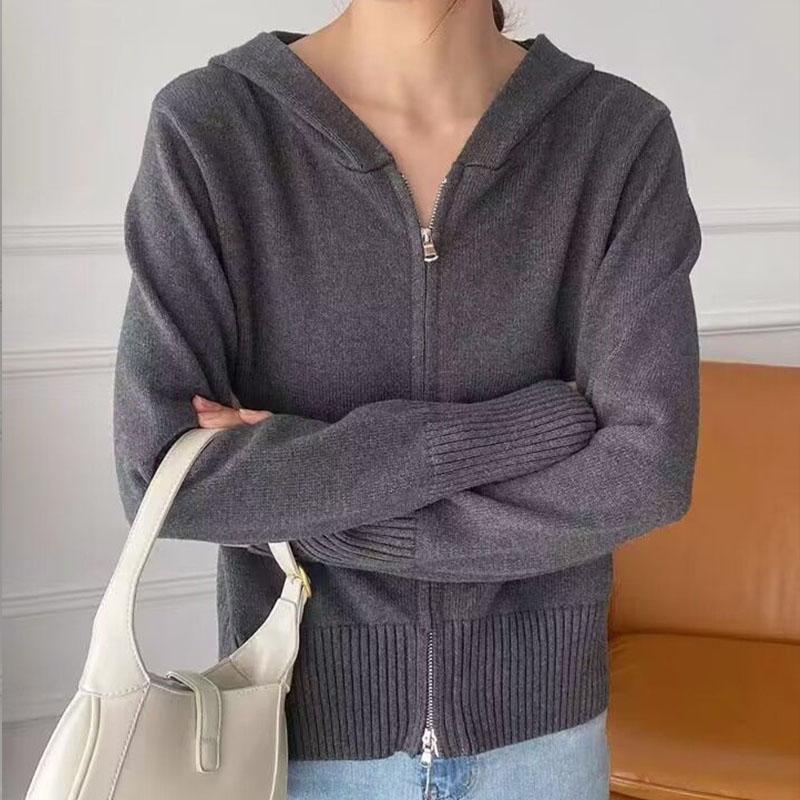 Весенний кардиган, свитер, пальто, женский дизайн, 2023, с длинным рукавом, с капюшоном, однотонный, с двойной молнией, вязаный кардиган, женский топ