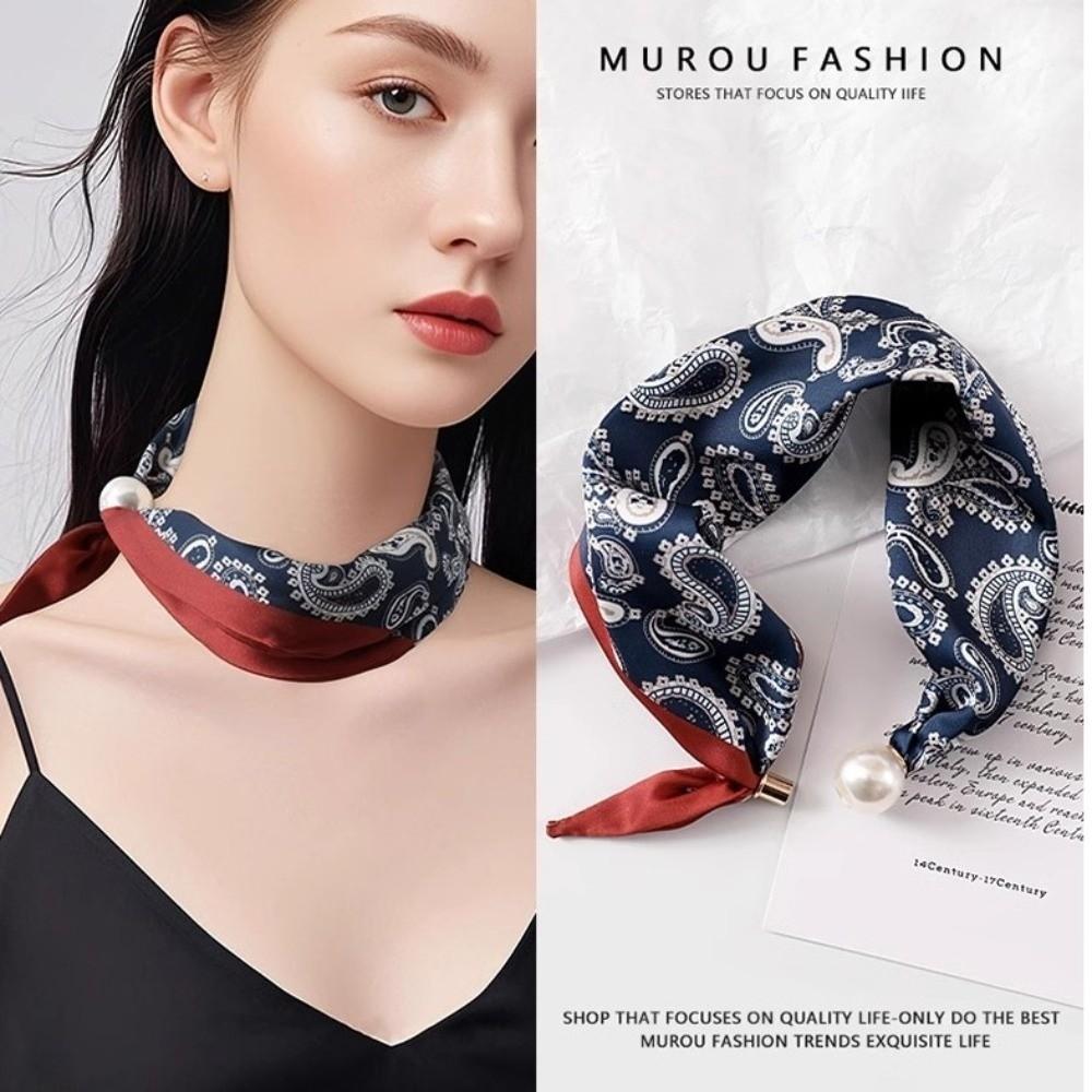 New Pearl Buckle Silk Scarf Printed Soft Neck Scarf Lightweight Thin Neckerchief Women