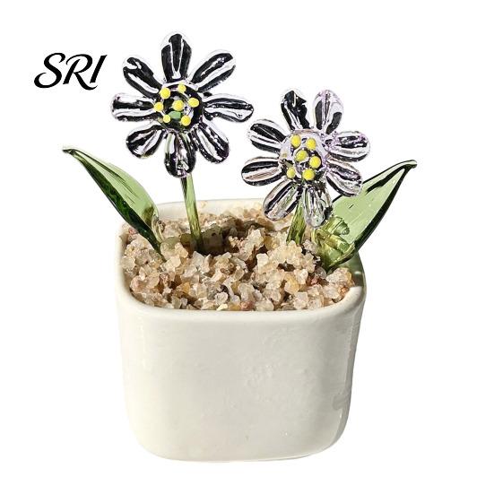 Exquisite Glass Flower Craft Miniature Figurine Hand Blown Mini Bouquet in Small Decorative Plant Pot Collectible Blooming Ornament for Home