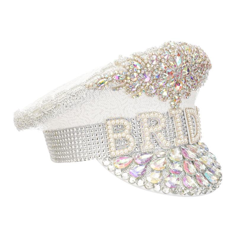 Rhinestones Bridal Hat Women White Sequins Hat for Bridal Shower Decor Captain Hats Party Supplies