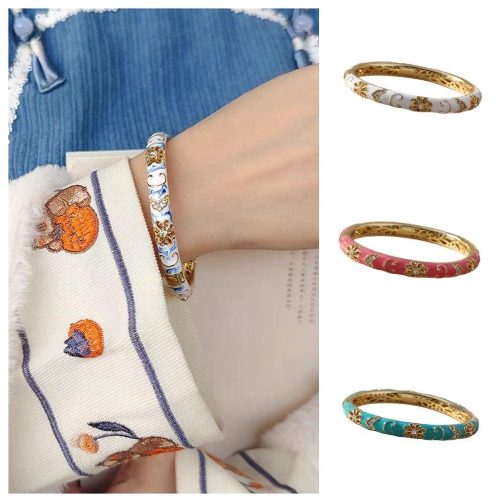 Браслет-открытие со стразами и эмалью Цветочный металлический браслет на руку Китайский браслет-перегородчатая эмаль Чонсам
