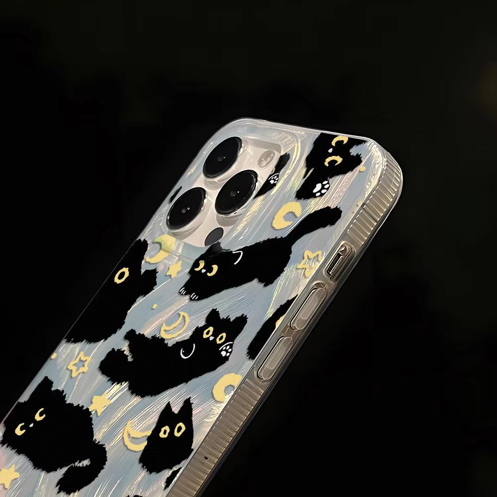 Милый Чехол Для Телефона С Черным Котом Для iPhone 17 Air 16 e 15 14 13 12 11 Pro Max Plus SE 2020 2022 Серебристый Чехол С Текстурой Пера