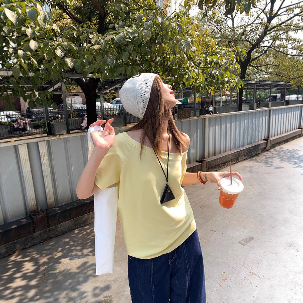 Short-sleeved t-shirt women's casual inner wear spring 2026 new summer niche design sense thin outer wear slanted shoulder top