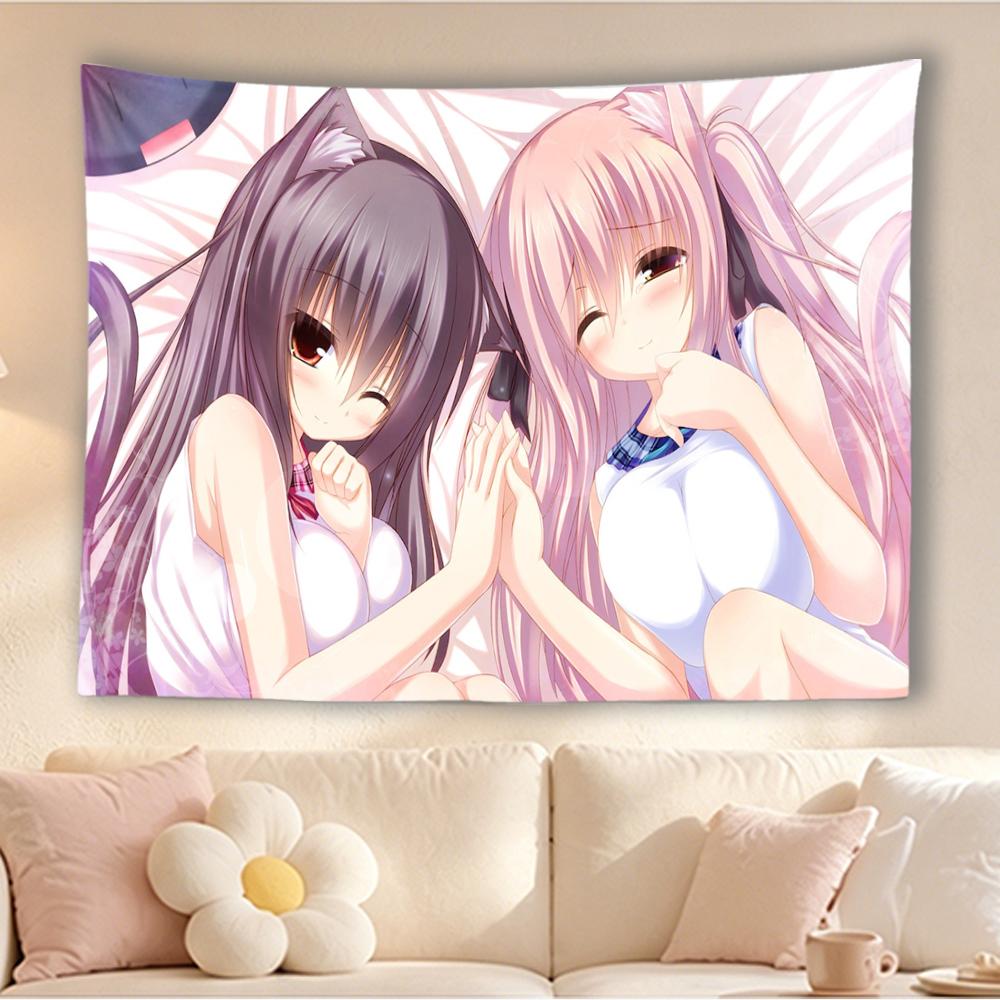 Kawaii Twin Cat Girls Anime Tapestry Pink Purple Hair Wall Hanging