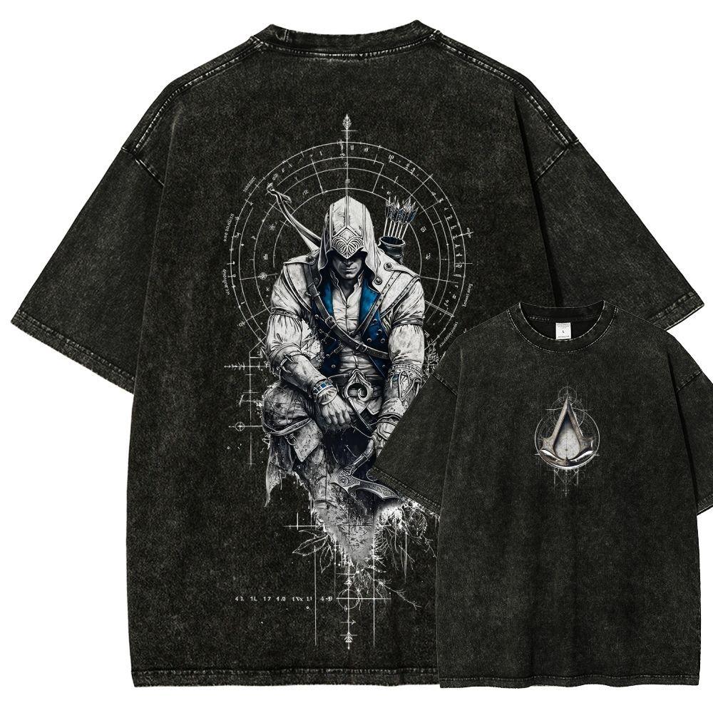 2026 Assassin's Creed Серый Красно-белый Эмблема Ассасина Двусторонняя Стирка Старая Короткий рукав Футболка Свободный Хлопок